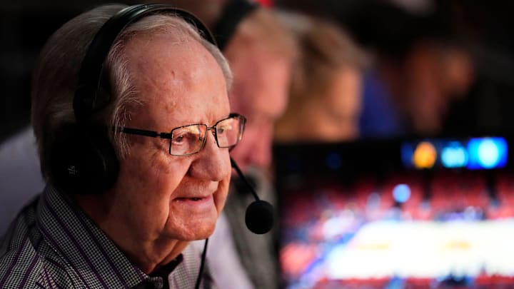 Apr 25, 2023; Phoenix, AZ, USA; Al McCoy the play-by-play announcer for the Suns during the pregame show at Game 5 against the LA Clipper. McCoy is retiring after his 51st season as Voice of the Suns. Mandatory Credit: Rob Schumacher-Arizona Republic
News Al Mccoy No Longer Courtside Apr 25, 2023; Phoenix, AZ, USA; Al McCoy the play-by-play announcer for the Suns during the pregame show at Game 5 against the LA Clipper. McCoy is retiring after his 51st season as Voice of the Suns. Mandatory Credit: Rob Schumacher-Arizona Republic
News Al Mccoy No Longer Courtside