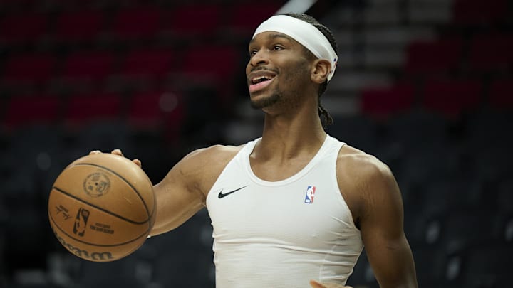 Jan 26, 2025; Portland, Oregon, USA; Oklahoma City Thunder guard Shai Gilgeous-Alexander (2) warms up before a game against the Portland Trail Blazers at Moda Center. Mandatory Credit: Troy Wayrynen-Imagn Images