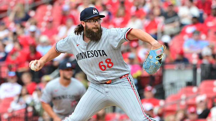 Mar 30, 2025; St. Louis, Missouri, USA; Minnesota Twins pitcher Randy Dobnak (68) throws a pitch in the fifth inning against the St. Louis Cardinals at Busch Stadium.