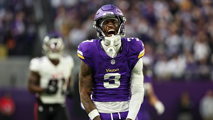 Dec 8, 2024; Minneapolis, Minnesota, USA; Minnesota Vikings wide receiver Jordan Addison (3) celebrates his catch against the Atlanta Falcons during the fourth quarter at U.S. Bank Stadium. Mandatory Credit: Matt Krohn-Imagn Images