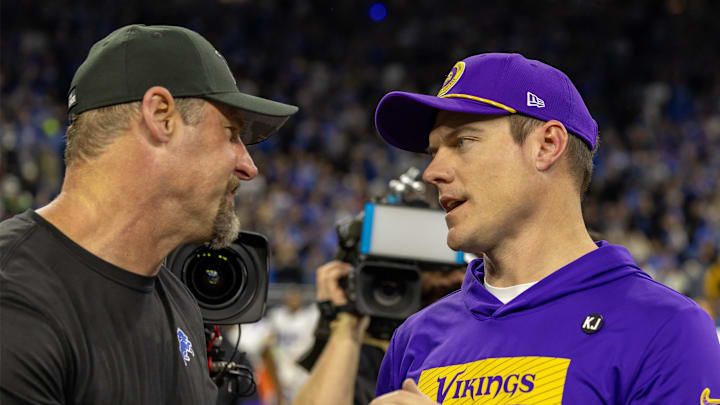 Jan 5, 2025; Detroit, Michigan, USA; Detroit Lions Head Coach Dan Campbell (L) shakes hands with Minnesota Vikings Head Coach Sean McDermott after the game at Ford Field. Mandatory Credit: David Reginek-Imagn Images Jan 5, 2025; Detroit, Michigan, USA; Detroit Lions Head Coach Dan Campbell (L) shakes hands with Minnesota Vikings Head Coach Sean McDermott after the game at Ford Field. Mandatory Credit: David Reginek-Imagn Images