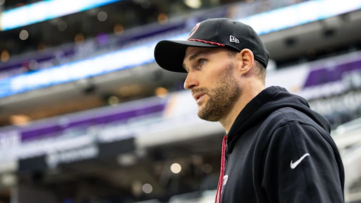 Dec 8, 2024; Minneapolis, Minnesota, USA; Atlanta Falcons quarterback Kirk Cousins (18) walks onto the field before the game against the Minnesota Vikings at U.S. Bank Stadium. Mandatory Credit: Matt Krohn-Imagn Images