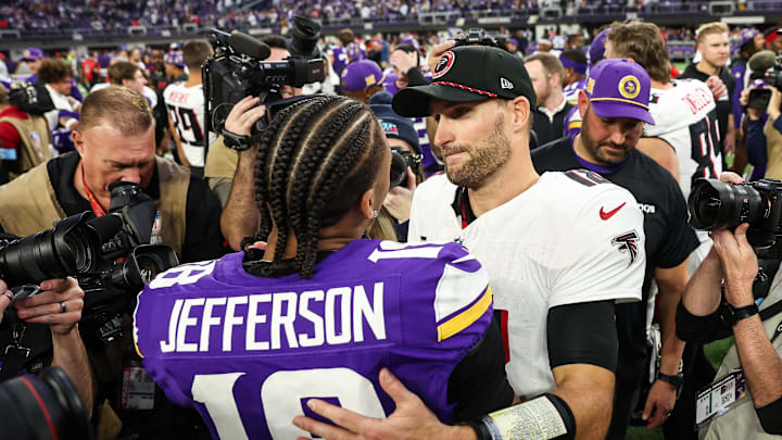 Dec 8, 2024; Minneapolis, Minnesota, USA; Minnesota Vikings wide receiver Justin Jefferson (18) and Atlanta Falcons quarterback Kirk Cousins (18) talk after the game at U.S. Bank Stadium. Mandatory Credit: Matt Krohn-Imagn Images Dec 8, 2024; Minneapolis, Minnesota, USA; Minnesota Vikings wide receiver Justin Jefferson (18) and Atlanta Falcons quarterback Kirk Cousins (18) talk after the game at U.S. Bank Stadium. Mandatory Credit: Matt Krohn-Imagn Images