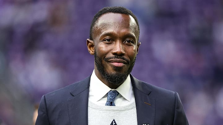 Dec 8, 2024; Minneapolis, Minnesota, USA; Minnesota Vikings general manager Kwesi Adofo-Mensah looks on before the game against the Atlanta Falcons at U.S. Bank Stadium. Mandatory Credit: Matt Krohn-Imagn Images