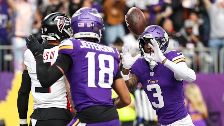 Dec 8, 2024; Minneapolis, Minnesota, USA; Minnesota Vikings wide receiver Jordan Addison (3) celebrates his touchdown with wide receiver Justin Jefferson (18) against the Atlanta Falcons during the first quarter at U.S. Bank Stadium. Mandatory Credit: Matt Krohn-Imagn Images