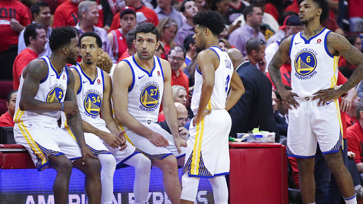 May 16, 2018; Houston, TX, USA; Golden State Warriors center Jordan Bell (2) Golden State Warriors guard Shaun Livingston (34) Golden State Warriors center Zaza Pachulia (27) and Golden State Warriors guard Quinn Cook (4) Golden State Warriors guard Nick Young (6) in game two of the Western conference finals of the 2018 NBA Playoffs at Toyota Center.