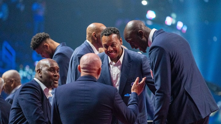 February 20, 2022; Cleveland, Ohio, USA; (Clockwise from left) NBA greats Gary Payton, Paul Pierce, Kevin Garnett, and Jason Kidd are honored for being selected to the NBA 75th Anniversary Team during halftime in the 2022 NBA All-Star Game at Rocket Mortgage FieldHouse. Mandatory Credit: Kyle Terada-Imagn Images