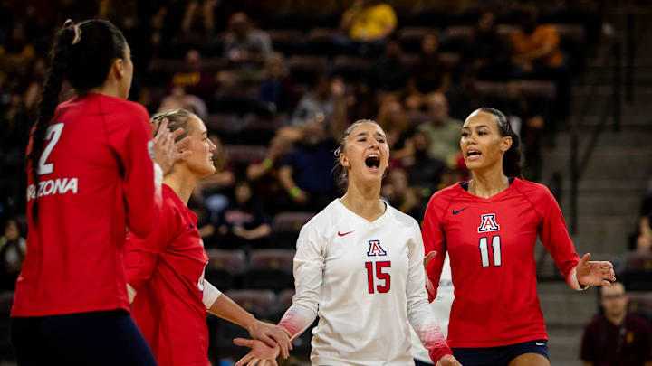 Arizona Wildcats women's volleyball libero Giorgia Mandotti (15) celebrates at Mullett Arena in Tempe on Sept. 21, 2023.