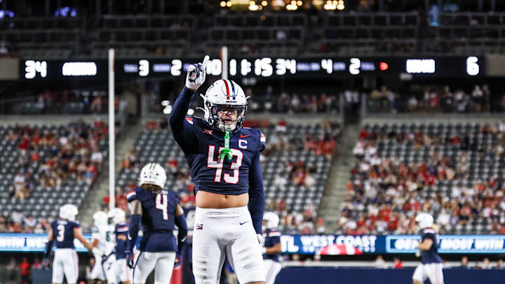 Aug 30, 2025; Tucson, Arizona, USA; Arizona Wildcats defensive back Dalton Johnson (43) waves his finger after Hawaii Rainbow Warriors fails to catch the ball during the fourth quarter of the game at Arizona Stadium. Mandatory Credit: Aryanna Frank-Imagn Images