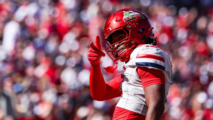 Oct 4, 2025; Tucson, Arizona, USA; Arizona Wildcats wide receiver Tre Spivey (12) celebrates after a play during the third quarter of the game against the Oklahoma State Cowboys at Arizona Stadium. Mandatory Credit: Aryanna Frank-Imagn Images Oct 4, 2025; Tucson, Arizona, USA; Arizona Wildcats wide receiver Tre Spivey (12) celebrates after a play during the third quarter of the game against the Oklahoma State Cowboys at Arizona Stadium. Mandatory Credit: Aryanna Frank-Imagn Images