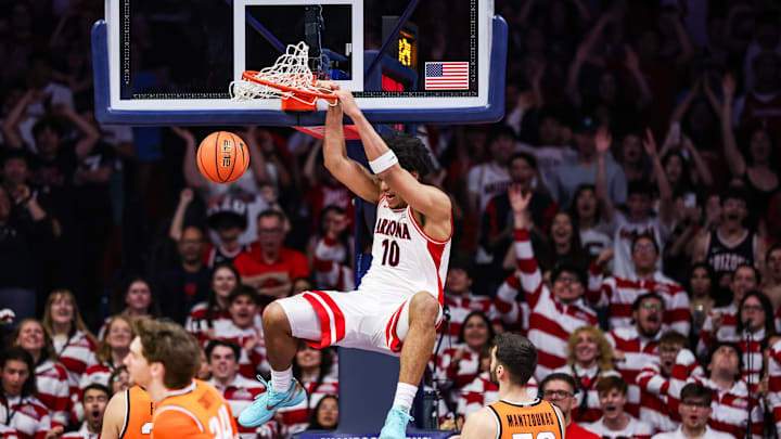 Feb 7, 2026; Tucson, Arizona, USA; Arizona Wildcats forward Koa Peat (10) dunks the ball during the first half of the game against the Oklahoma State Cowboys at McKale Memorial Center. Mandatory Credit: Aryanna Frank-Imagn Images