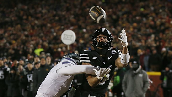 Jayden Higgins hauls in a pass for Iowa State vs. Kansas State last Saturday night in Ames. Jayden Higgins hauls in a pass for Iowa State vs. Kansas State last Saturday night in Ames.