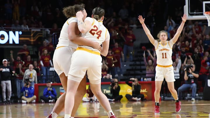 Iowa State players celebrate a win earlier this season in Ames from Hilton Coliseum.