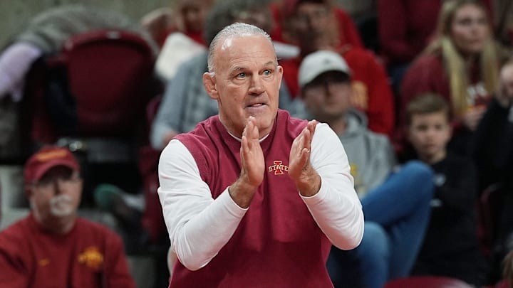 Iowa State Wrestling coach Kevin Dresser reacts during Iowa State and Oklahoma State wrestling at Hilton Coliseum on Sunday, Jan. 26, 2025, in Ames, Iowa.