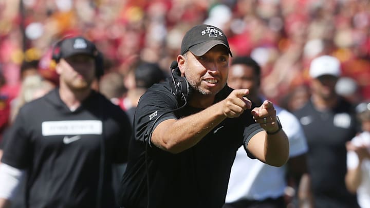 Iowa State Cyclones football head coach Matt Campbell celebrates after a touchdown against North Dakota during the first quarter in the season opening game at Jack Trice Stadium on Aug. 31, 2024, in Ames, Iowa Iowa State Cyclones football head coach Matt Campbell celebrates after a touchdown against North Dakota during the first quarter in the season opening game at Jack Trice Stadium on Aug. 31, 2024, in Ames, Iowa