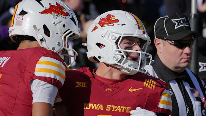 Iowa State Cyclones' wide receiver Brett Eskildsen (9) celebrates with team mates after a score from touchdown against Kansas during the first quarter in the senior day on Nov. 22, 2025, at Jack Trice Stadium in Ames, Iowa