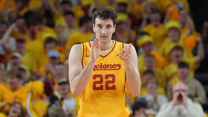 Iowa State Cyclones forward Milan Momcilovic (22) reacts after a three-point shot against Houston during the first half in the3 Big-12 men’s basketball at Hilton Coliseum on Feb. 16, 2026, in Ames, Iowa