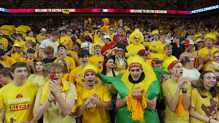 Iowa State fans cheer during the Cyclones' game against Houston at Hilton Coliseum on Feb. 16, 2026, in Ames, Iowa