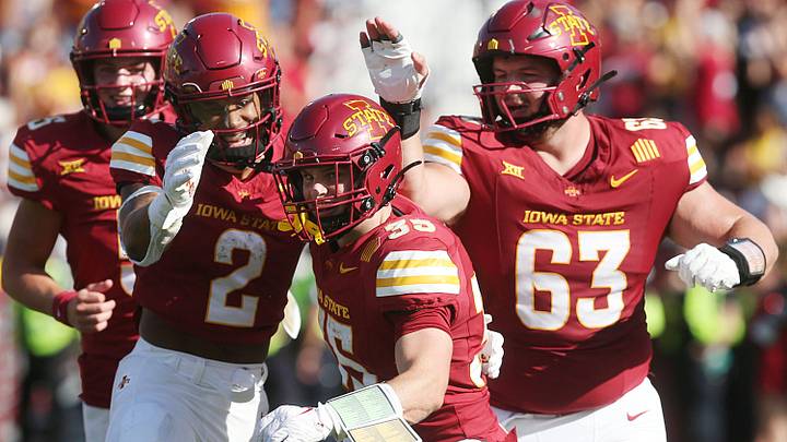 Iowa State Cyclones running back Aiden Flora (35) celebrates with team mates after a touchdown against Arkansas State during the fourth quarter in the week-4 NCAA football at Jack Trice Stadium on Saturday, Sept. 21, 2024, in Ames, Iowa. Iowa State Cyclones running back Aiden Flora (35) celebrates with team mates after a touchdown against Arkansas State during the fourth quarter in the week-4 NCAA football at Jack Trice Stadium on Saturday, Sept. 21, 2024, in Ames, Iowa.