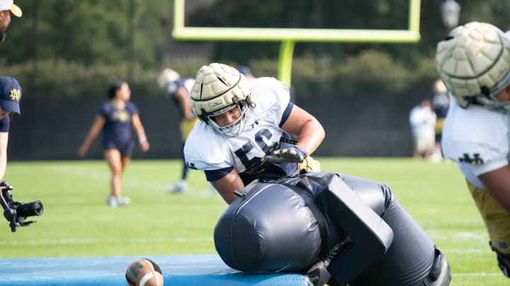 Charles Jagusah OL of the Fighting Irish at football practice at the Irish Athletic Center at Notre Dame on Tuesday August 1, 2023. Charles Jagusah OL of the Fighting Irish at football practice at the Irish Athletic Center at Notre Dame on Tuesday August 1, 2023.