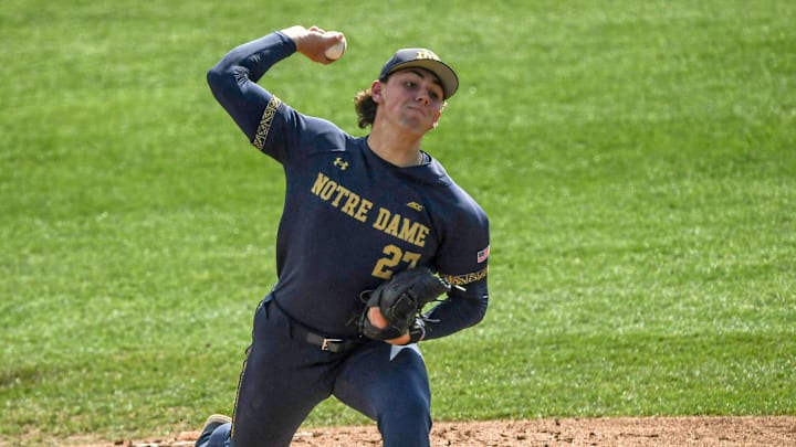 Mar 14, 2025; Clemson, SC, USA; Notre Dame pitcher Jack Radel (25) pitches to Clemson during the bottom of the first inning at Doug Kingsmore Stadum in Clemson, S.C. Friday, March 14, 2025. Mandatory Credit: Ken Runiard/USA TODAY Network via Imagn Images
