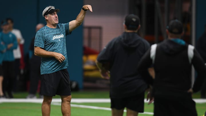 Jacksonville Jaguars Head Coach Doug Pederson on the field during Friday's rookie minicamp session. Jacksonville Jaguars Head Coach Doug Pederson on the field during Friday's rookie minicamp session.