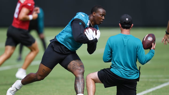 Jacksonville Jaguars running back Travis Etienne Jr. (1) runs drills during the organized team activity session Monday, June 3, 2024 at EverBank Stadium's Miller Electric Center in Jacksonville, Fla.