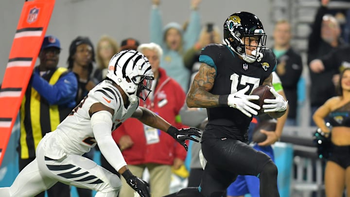 Jacksonville Jaguars tight end Evan Engram (17) to the end zone for a second quarter touchdown. The Jacksonville Jaguars hosted the Cincinnati Bengals at EverBank Stadium in Jacksonville, Florida for Monday Night Football, December 4, 2023. The Jaguars were tied 14 to 14 at the end of the first half. [Bob Self/Florida Times-Union]