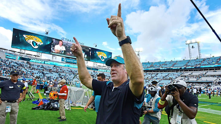 Jacksonville Jaguars head coach Doug Pederson acknowledges the fans as he walks off the field after Sunday's shutout victory over the Colts. The Jaguars went into the first half with a 17 to 0 lead over the Colts and went on to win the game 24 to 0. The Jacksonville Jaguars hosted the Indianapolis Colts at TIAA Bank field in Jacksonville, FL Sunday, September 18, 2022. [Bob Self/Florida Times-Union]

Jki 091822 Bs Jaguars Vs C 11