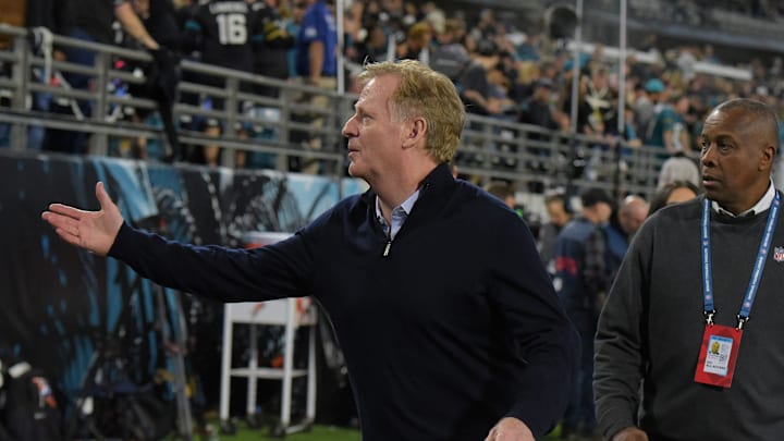 NFL commissioner Roger Goodell talks with fans from the sidelines before the start of Monday night's Jaguars vs Bengals game in Jacksonville. The Jacksonville Jaguars hosted the Cincinnati Bengals at EverBank Stadium in Jacksonville, Florida for Monday Night Football, December 4, 2023. The Jaguars were tied 14 to 14 at the end of the first half. [Bob Self/Florida Times-Union]