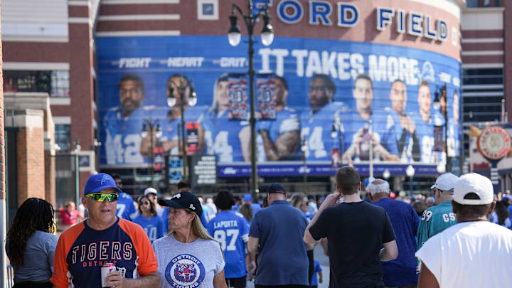 Tigers fans and Lions fans outside of Ford Field in Detroit on Sunday, Sept. 15, 2024, with both teams hosting home games that afternoon. Tigers fans and Lions fans outside of Ford Field in Detroit on Sunday, Sept. 15, 2024, with both teams hosting home games that afternoon.