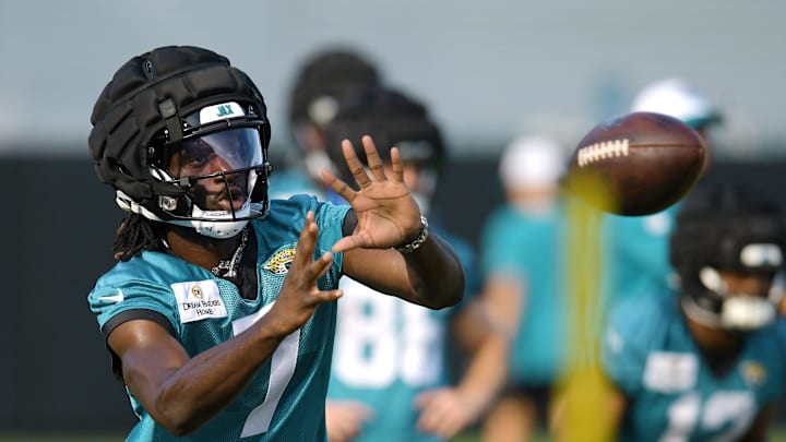 Jacksonville Jaguars wide receiver Brian Thomas Jr. (7) pulls in a pass on the fifth day of the NFL football training camp practice session Monday, July 29, 2024 at EverBank Stadium's Miller Electric Center in Jacksonville, Fla.. [Bob Self/Florida Times-Union]