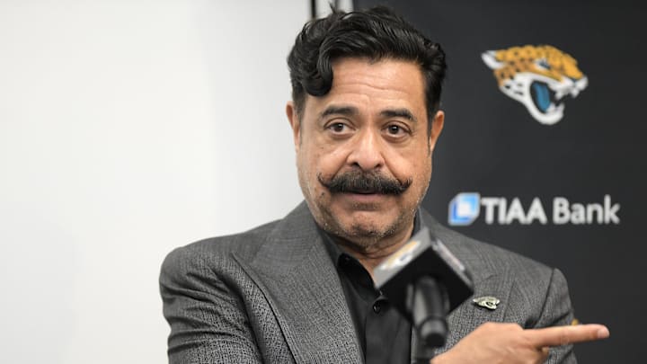 Jacksonville Jaguars owner Shad Khan during Friday afternoon's press conference at TIAA Bank Field. After his arrival in Jacksonville, Florida Friday morning, April 30, 2021, Jacksonville Jaguars first-round draft pick Trevor Lawrence along with team owner Shad Khan, head coach Urban Meyer and the Jaguars general manager Trent Baalke held a press conference in the afternoon inside TIAA Bank Field. They were also joined by the Jaguars 25th pick in the first round of the draft and former Clemson