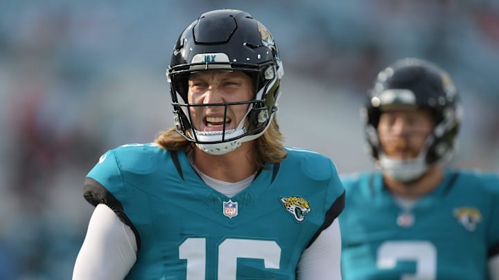 Jacksonville Jaguars quarterback Trevor Lawrence (16) on the field before the start of Saturday's game. The Jaguars led 20 to 10 at the end of the first half. The Jacksonville Jaguars hosted the Kansas City Chiefs in the Jaguars first preseason game of the season Saturday, August10, 2024 at EverBank Stadium in Jacksonville, Fla. [Bob Self/Florida Times-Union]