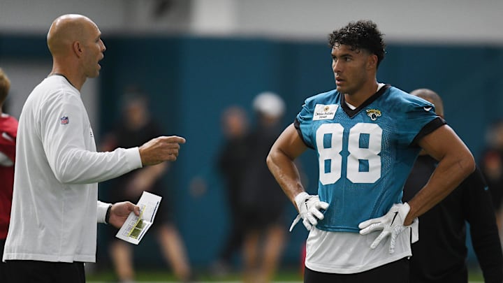 Jacksonville Jaguars tight end coach Richard Angulo talks with tight end Patrick Murtagh (88) during Friday's rookie minicamp session. The Jacksonville Jaguars held their first day of rookie minicamp inside the covered field at the Jaguars performance facility in Jacksonville, Florida Friday, May 10, 2024.