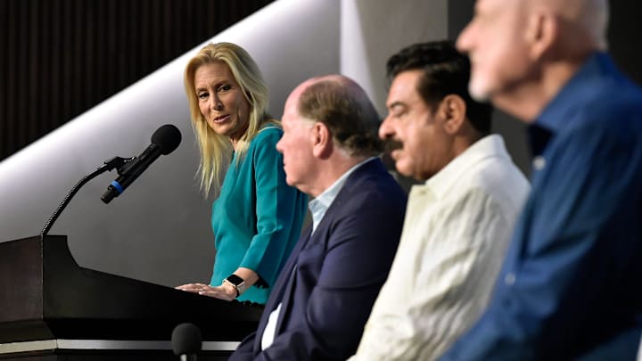 Jacksonville Mayor Donna Deegan at the podium with Jaguars president Mark Lamping, Jacksonville Jaguars owner Shad Khan, and the city of Jacksonville's chief negotiator on the stadium deal Mike Weinstein met at the Jaguars Miller Electric Center Wednesday, June 26, 2024 to address the media and team personnel about the newly approved stadium renovation deal. [Bob Self/Florida Times-Union]