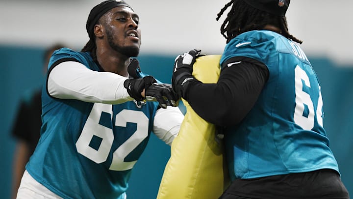 Jacksonville Jaguars offensive tackle Javon Foster (62) goes up against offensive lineman Steven Jones during drills at Friday's rookie minicamp. The Jacksonville Jaguars held their first day of rookie minicamp inside the covered field at the Jaguars performance facility in Jacksonville, Florida Friday, May 10, 2024. Jacksonville Jaguars offensive tackle Javon Foster (62) goes up against offensive lineman Steven Jones during drills at Friday's rookie minicamp. The Jacksonville Jaguars held their first day of rookie minicamp inside the covered field at the Jaguars performance facility in Jacksonville, Florida Friday, May 10, 2024.