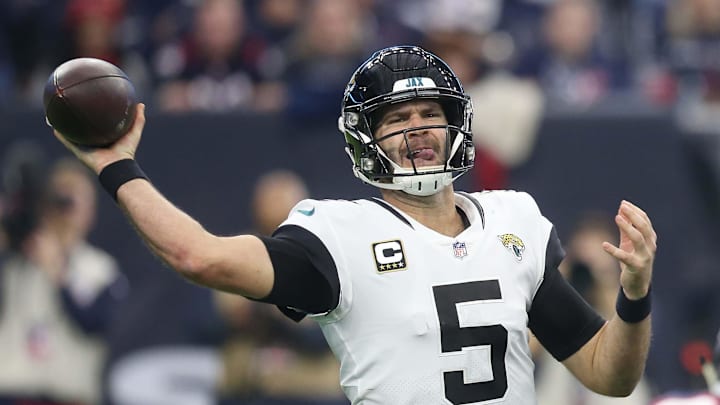 Dec 30, 2018; Houston, TX, USA; Jacksonville Jaguars quarterback Blake Bortles (5) passes against the Houston Texans in the second half at NRG Stadium. Mandatory Credit: Thomas B. Shea-Imagn Images