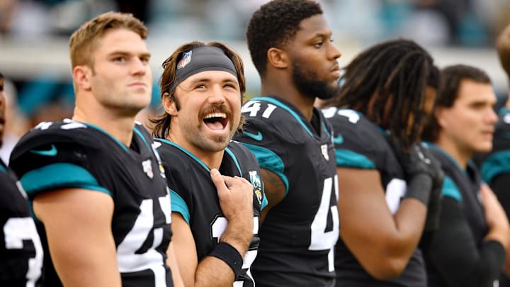 Jacksonville Jaguars quarterback Gardner Minshew (15) is all smiles as he watches the fireworks after the singing of the national anthem before the start of Sunday's game. The Jacksonville Jaguars hosted the Los Angeles Chargers at TIAA Bank Field in Jacksonville, Florida Sunday, August 8, 2018. The Jaguars trailed at the half 24-3. [Bob Self/Florida Times-Union]

Fljax Jaguarsvschargersbs1