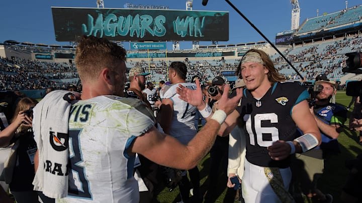 fTennessee Titans quarterback Will Levis (8) greets Jacksonville Jaguars quarterback Trevor Lawrence (16) after the Jaguars victory Sunday. The Jacksonville Jaguars hosted the Tennessee Titans at EverBank Stadium in Jacksonville, FL Sunday, November 19, 2023. The Jaguars led 13 to 0 at the half and walked away with a 34 to 14 win over the Titans. [Bob Self/Florida Times-Union]