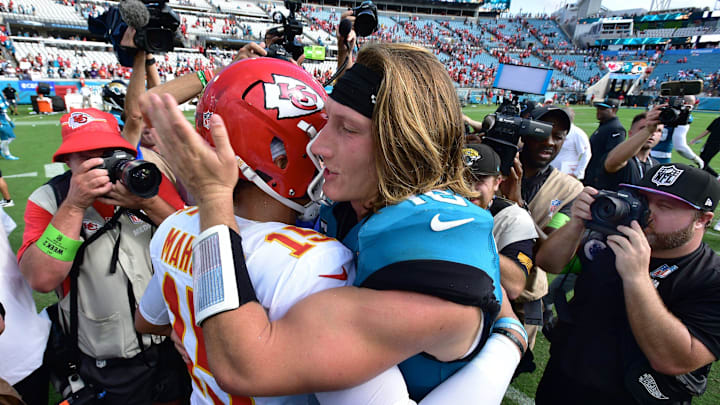 Kansas City Chiefs quarterback Patrick Mahomes (15) and Jacksonville Jaguars quarterback Trevor Lawrence (16) greet each other on the field at the end of Sunday's game. The Jacksonville Jaguars hosted the Kansas City Chiefs at EverBank Stadium in Jacksonville, FL Sunday, September 17, 2023. The Jaguars fell 17 to 9 to to the Chiefs. [Bob Self/Florida Times-Union]
