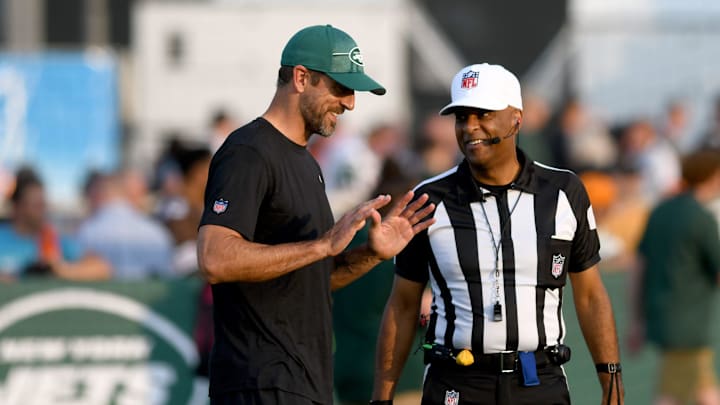 New York Jets Aaron Rodgers before the 2023 Hall of Fame Game between Clevelannd Browns and New York Jets at Tom Benson Hall of Fame Stadium. Friday, August 03, 2023. New York Jets Aaron Rodgers before the 2023 Hall of Fame Game between Clevelannd Browns and New York Jets at Tom Benson Hall of Fame Stadium. Friday, August 03, 2023.