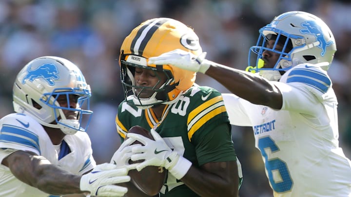 Green Bay Packers wide receiver Romeo Doubs catches a pass against Detroit Lions cornerback D.J. Reed (4) and cornerback Terrion Arnold (6) on Sunday, September 7, 2025, at Lambeau Field in Green Bay, Wis. 
Wm. Glasheen USA TODAY NETWORK-Wisconsin