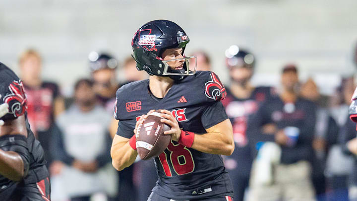 Quarterback Chandler Fields 18 as Louisianas Ragin Cajuns take on South Alabama at Cajun Field in Lafayette, LA. Saturday, Nov. 16, 2024.