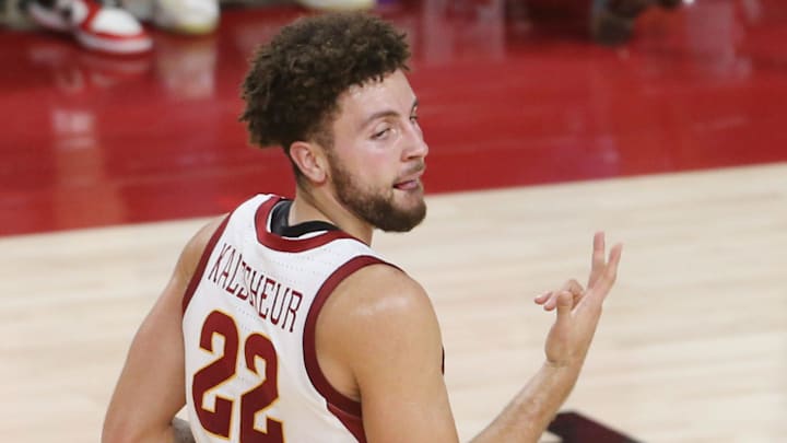 Iowa State University Cyclones guard Gabe Kalscheur (22) reacts after making a three-point shot against Texas Tech Red Raiders during the second half at Hilton Coliseum Tuesday, Jan 10, 2023, in Ames, Iowa.  Photo by Nirmalendu Majumdar/Ames TribuneTexas Tech And Iowa State Men S Basketball