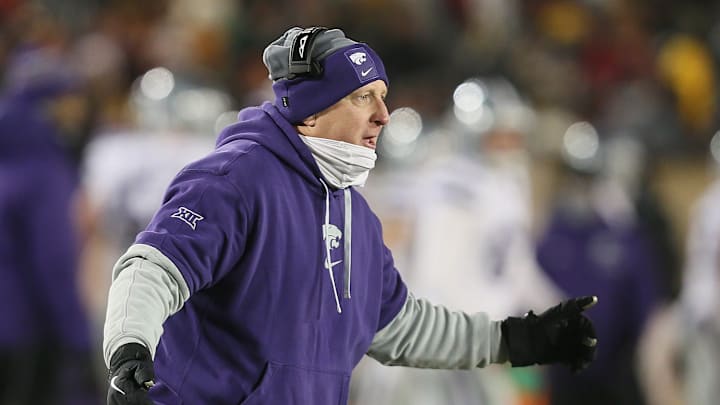 Kansas State Wildcats head coach Chris Klieman reacts from the side line during the second quarter in the NCAA football at Jack Trice Stadium on Saturday, Nov. 30, 2024, in Ames, Iowa.
