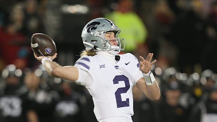 Kansas State Wildcats quarterback Avery Johnson (2) passes the ball against Iowa State during the first quarter in the NCAA football at Jack Trice Stadium on Saturday, Nov. 30, 2024, in Ames, Iowa. Kansas State Wildcats quarterback Avery Johnson (2) passes the ball against Iowa State during the first quarter in the NCAA football at Jack Trice Stadium on Saturday, Nov. 30, 2024, in Ames, Iowa.