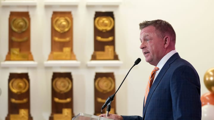 University of Texas baseball coach Jim Schlossnagle speaks at his introductory news conference at the Frank Denius Family University Hall of Fame Wednesday June 26, 2024. University of Texas baseball coach Jim Schlossnagle speaks at his introductory news conference at the Frank Denius Family University Hall of Fame Wednesday June 26, 2024.