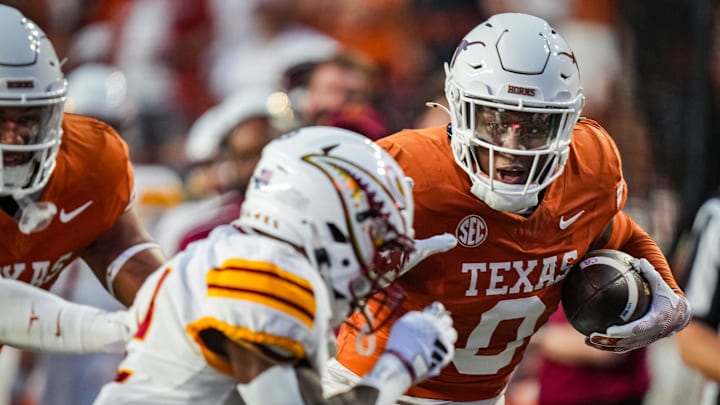 Texas Longhorns linebacker Anthony Hill Jr. (0) runs the ball for a touchdown off an interception, which was disallowed due to an illegal block in the first half of the Texas Longhorns' game against the ULM Warhawks at Darrell K Royal Texas Memorial Stadium in Austin, Sept. 21, 2024.