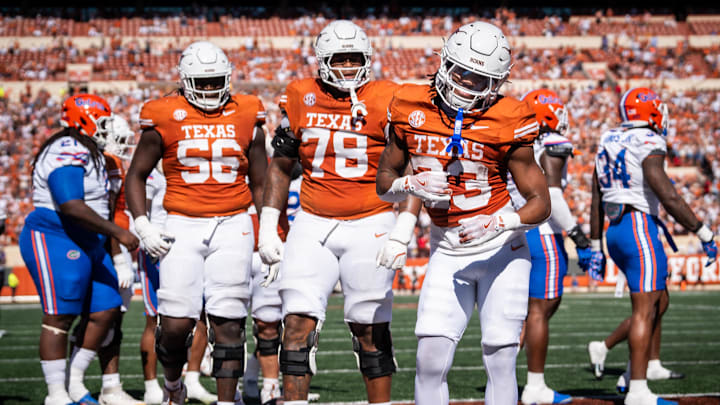 Nov 9, 2024; Austin, Texas, USA; Texas Longhorns running back Jaydon Blue (23) celebrates a touchdown in the second quarter at Darrell K Royal-Texas Memorial Stadium. Mandatory Credit: Sara Diggins/USA TODAY Network via Imagn Images